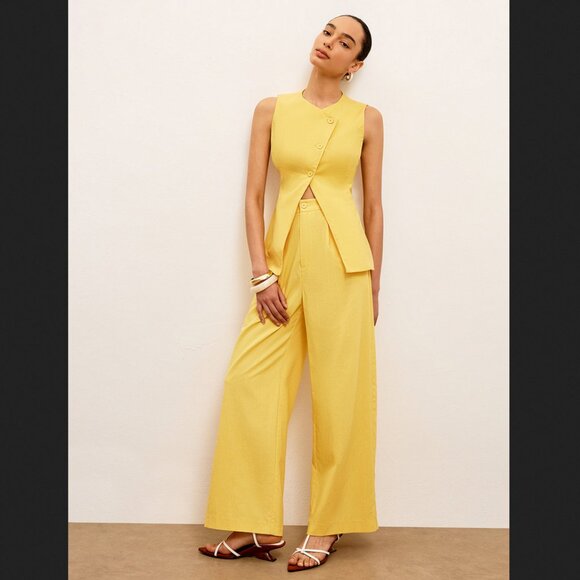 Commense Small Yellow Linen Blend Mid Waist Wide Leg Pants Minimalist - Picture 1 of 3